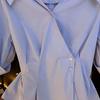 Female Spring and Summer Unique V-Neck Slant Button Short Sleeve Shirt Pressure Pleat Waist Slim Commuter Top