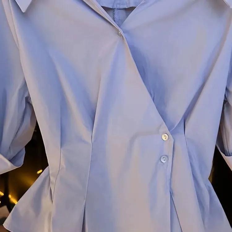 Female Spring and Summer Unique V-Neck Slant Button Short Sleeve Shirt Pressure Pleat Waist Slim Commuter Top