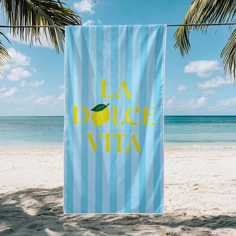 Large Quick-Drying Italian Lemon Print Towel with Blue & White Stripes - Absorbent Beach, Bath, Swim, Picnic Mat