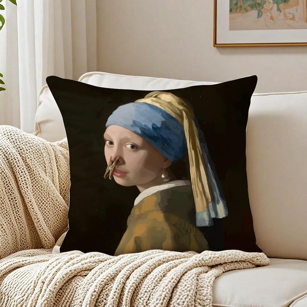 Classic Art Mona Lisa Wearing Pearls Girl Cushion Cover Linen Pillowcase Soft For Sofa Bed Home Room Decor