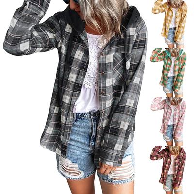Womens Long Sleeve Plaid Hoodie Jacket Button Down Casual Blouse Shirts Tops