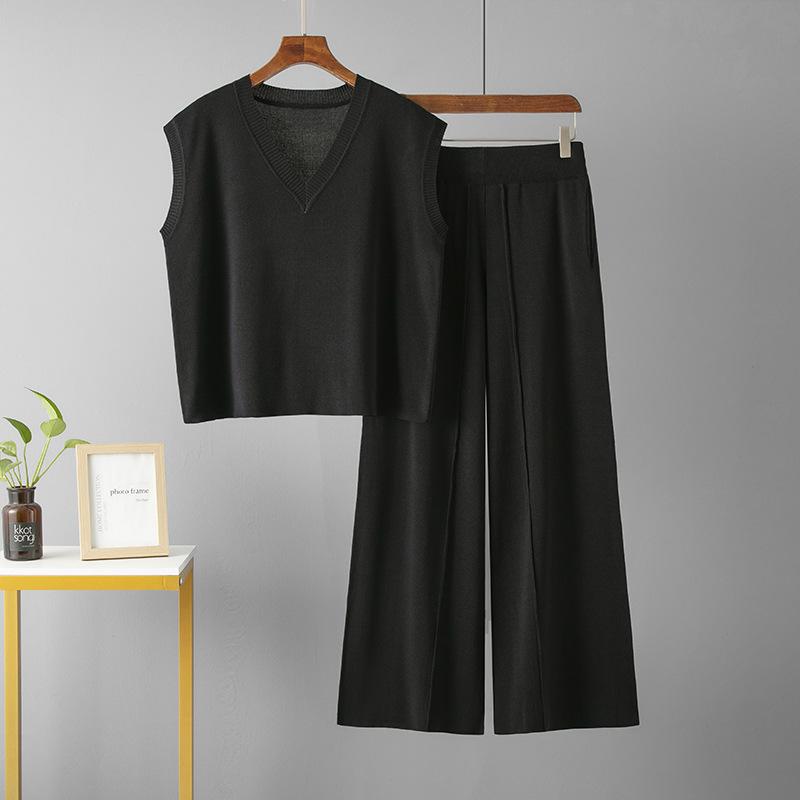 

Fashion suit women s collar loose sleeveless knitted vest top + high waist loose and thin casual split wide-leg pants one size fits all чёрный