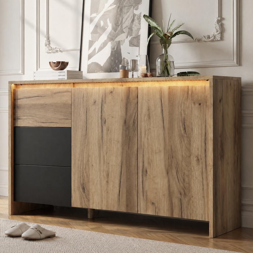Sideboard, Kitchen Cabinet, Dresser with 3 Drawers and 2 Doors, Multicolor LED Lighting Effects, W:120 x H:76 x D:40 cm, Wood Color&Black
