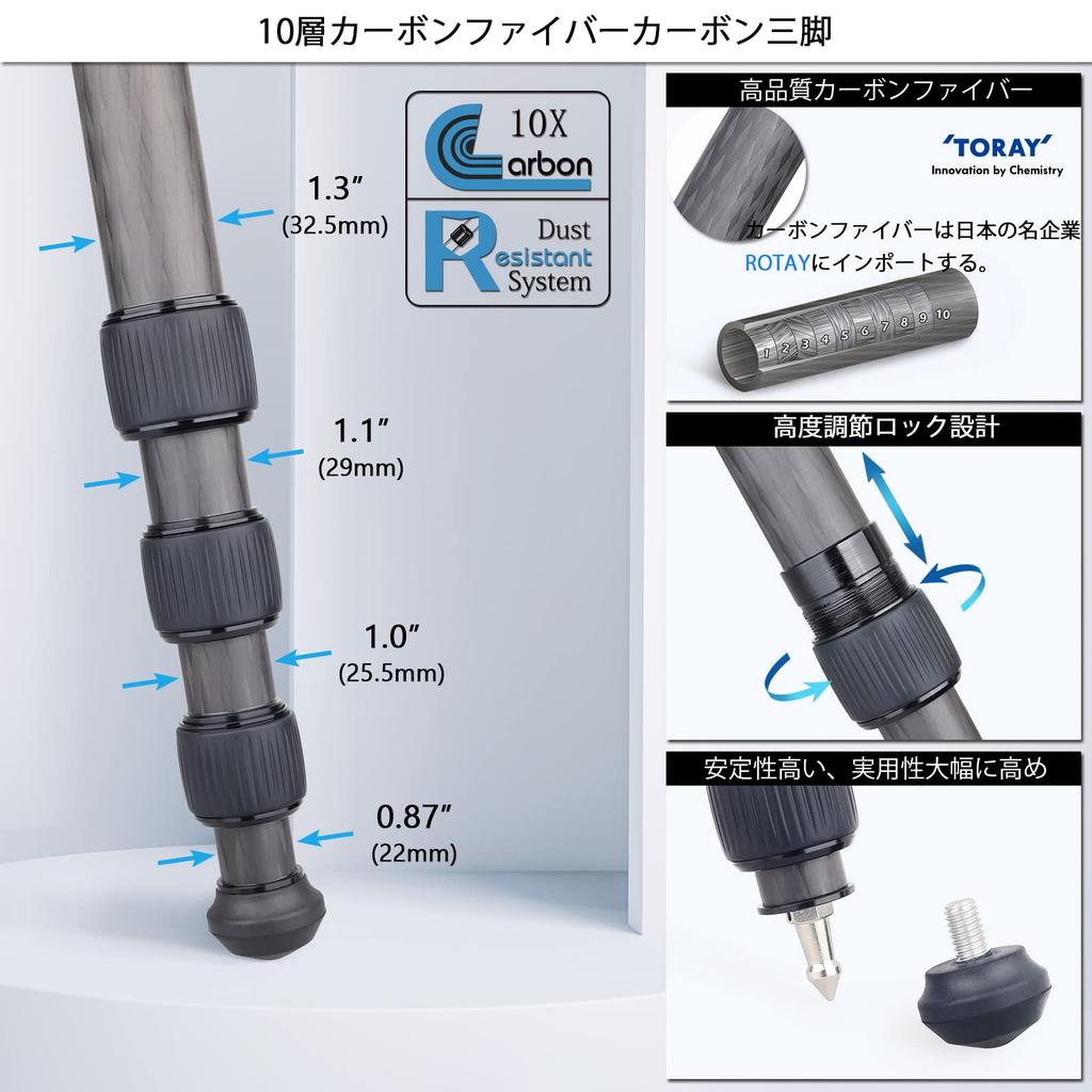 ARTCISE Carbon Fiber Lightweight Travel Carbon 1846mm 2024 Pipe Nut Locking Leg Adjustable Professional Camera Tripod with Tripod Compatible with