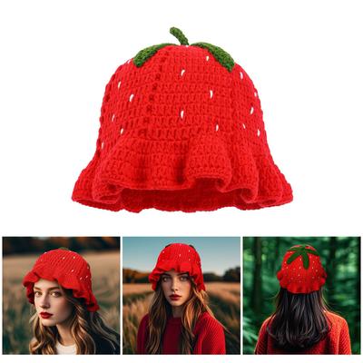 Handmade Strawberry Hat Handwoven Strawberry Openwork Crocheted Hat for Music Festival Stylish Strawberry Fisherman Hat
