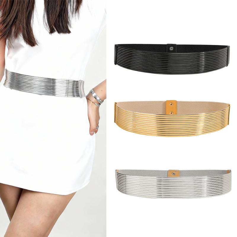 Shiny Gold Women Elastic Waist Belt Long Silver Corset Punk Belt Fashion Accessory for Elegant Dresses and Casual Wear