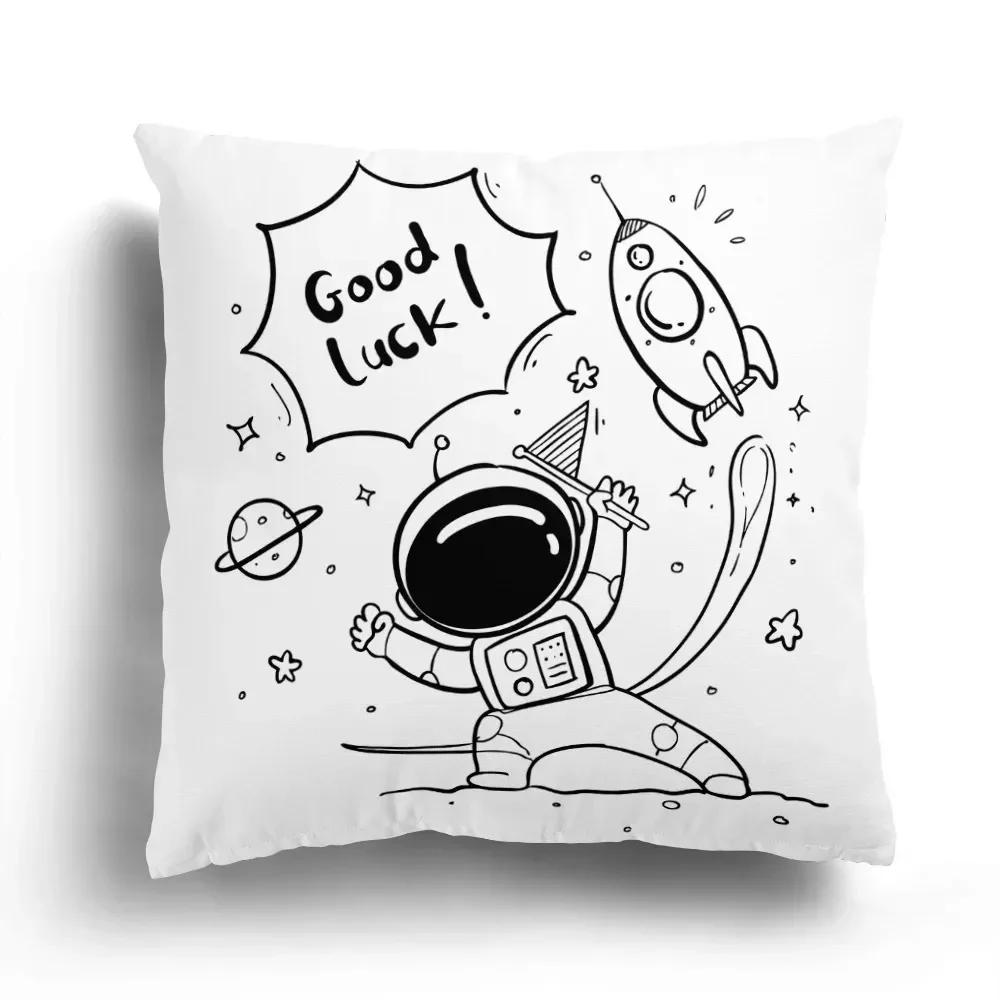 Fashion Black and White Sky Cartoon Astronaut Home Sofa Cushion Cover Cartoon Pattern Room Bedroom Pillowcase Decoration