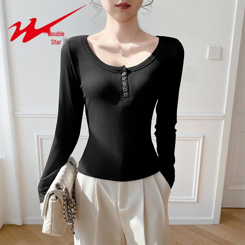 Shuangxing Women s Button U-Neck Ribbed Long-Sleeve Top 2XL