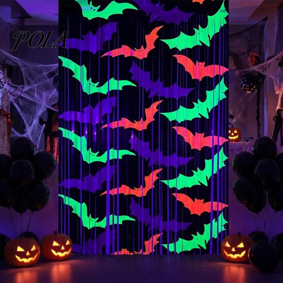 Bat Tinsel Backdrop Halloween Foil Fringe Curtain, Glow-in-the-dark Backdrop, Self-adhesive Background Fluorescent Metallic Door Curtain Decoration