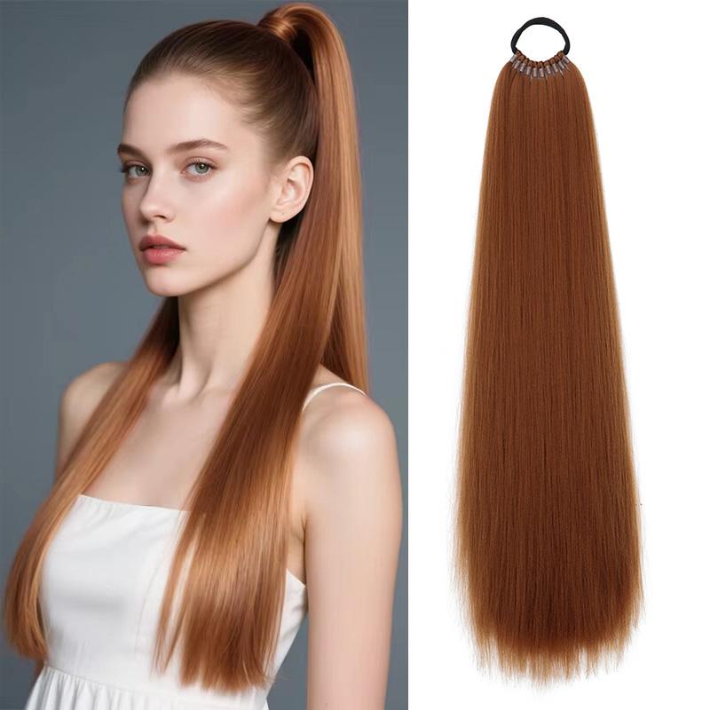 22 inch Synthetische Lange Rechte Paardenstaart Haarverlenging Elastische Band Gevlochten Paardenstaart Zwart Bruin Haarstuk voor Vrouwen 22inches brown