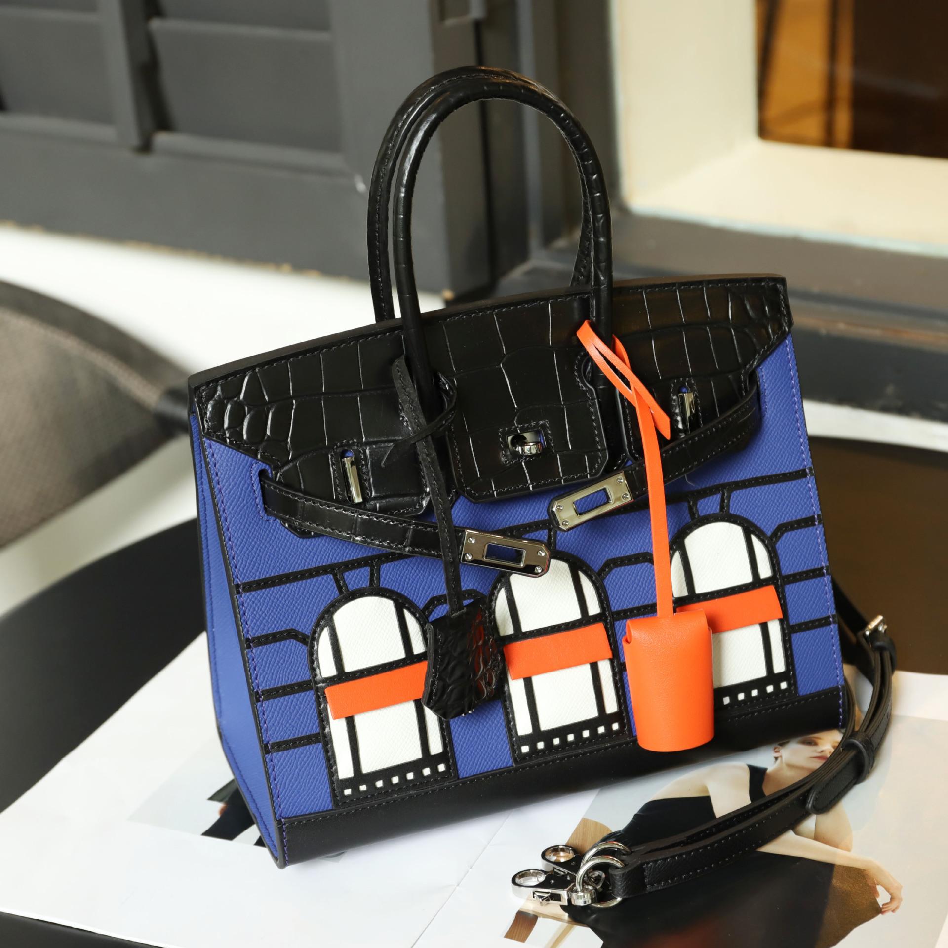 

Сумка из воловьей кожи крокодиловой кожи контрастного цвета через плечо, кожаная женская сумка для пожилых людей, сумка для дома, сумка через плечо 25x13x20cm синий