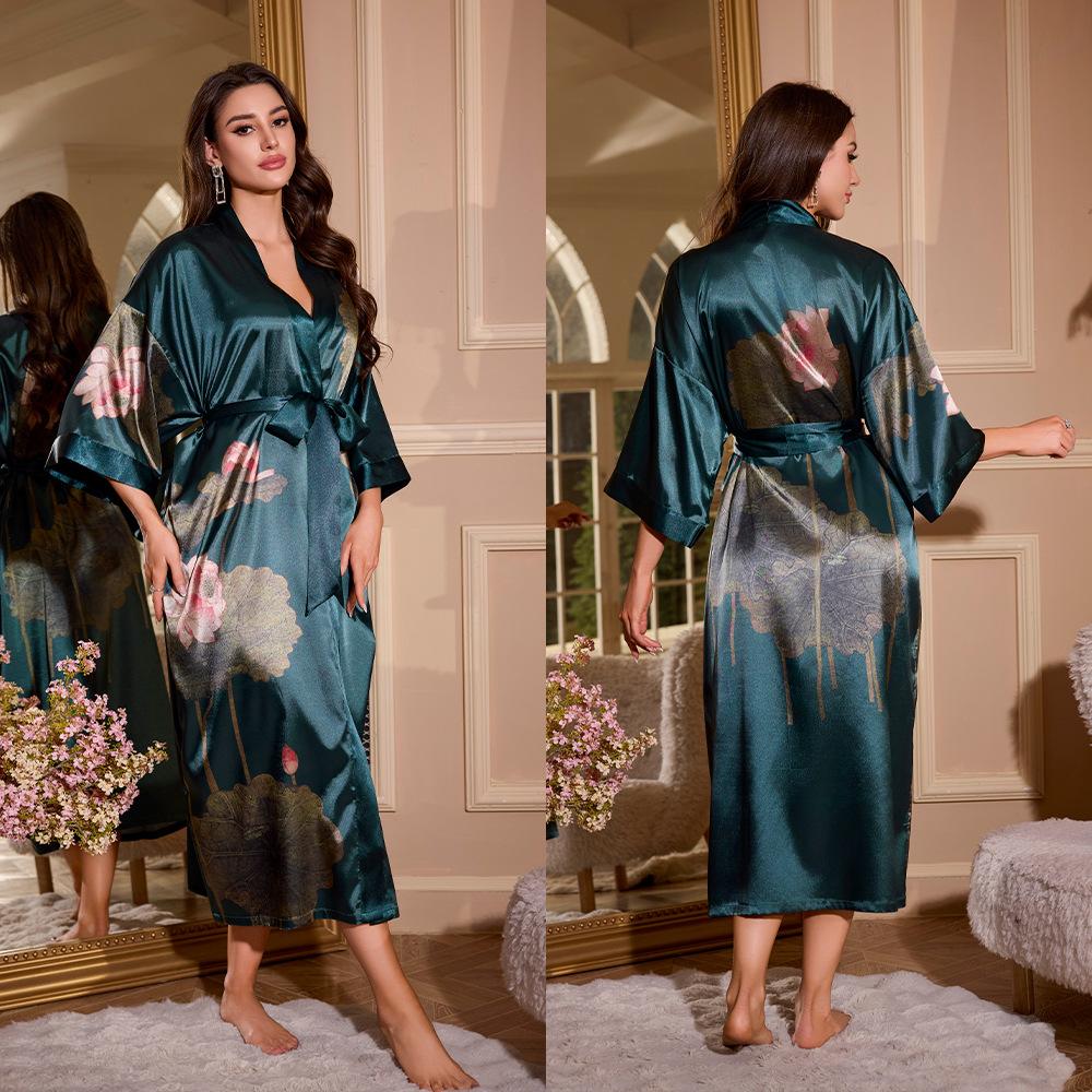 Female Long Robe Loungewear Elegant Chinese Style Kimono Bathrobe Gown Negligee New Silky Satin Sleepwear Nightgown Loose Pajama