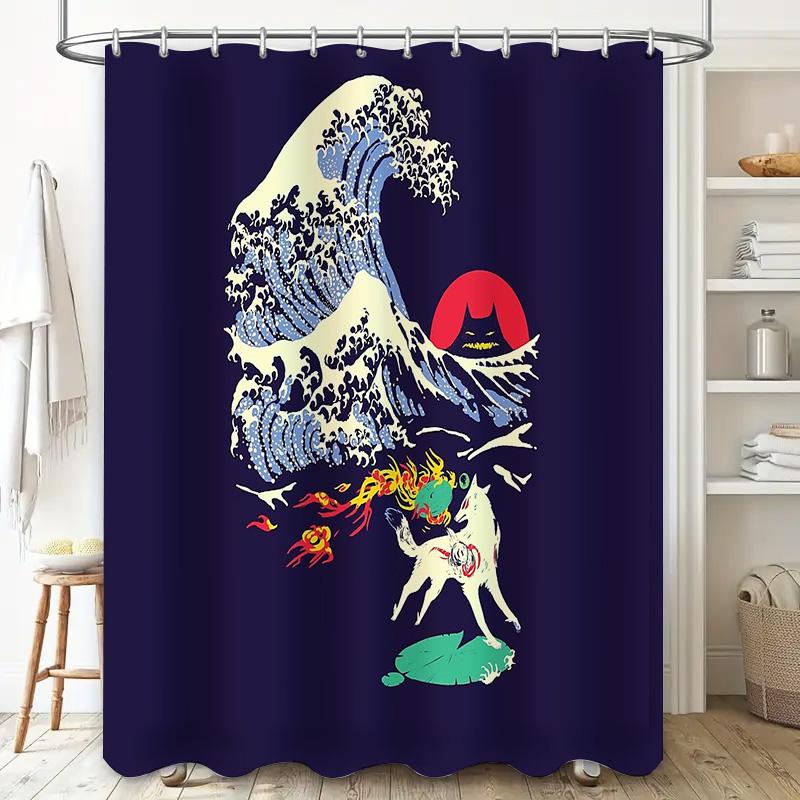 unframed Japanese Wave Fox Art Bath Curtain Washoku Zen Decor Traditional Home Shower Curtains Japanese Style Bathroom Decoratio