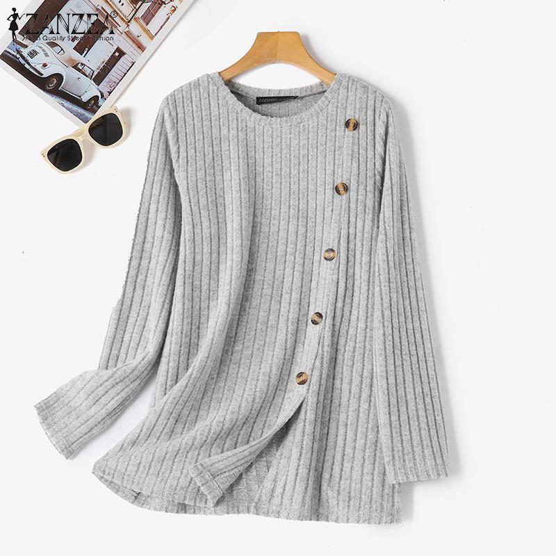 ZANZEA Women Casual O-neck Long Sleeve Split Hem Knitwear Blouse