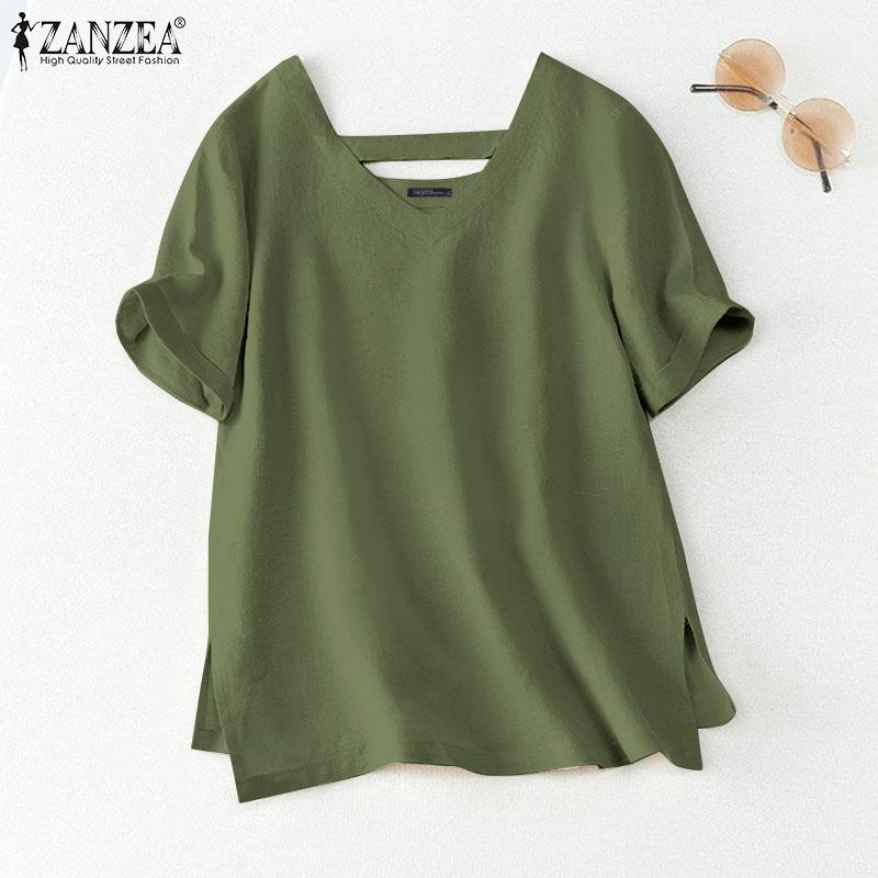 

ZANZEA Летняя повседневная хлопковая блузка с v-образным вырезом и короткими рукавами — стильная и удобная женская мода