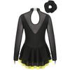 Girls Figure Skating Dance Costume Long Sleeve Rhinestone Patchwork Hollow Back Dress Hair Band