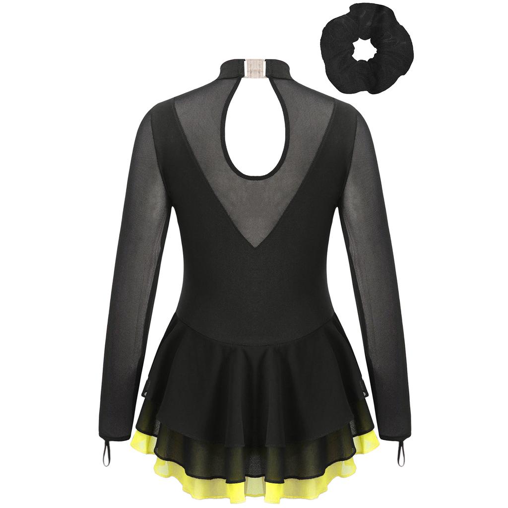 Girls Figure Skating Dance Costume Long Sleeve Rhinestone Patchwork Hollow Back Dress Hair Band
