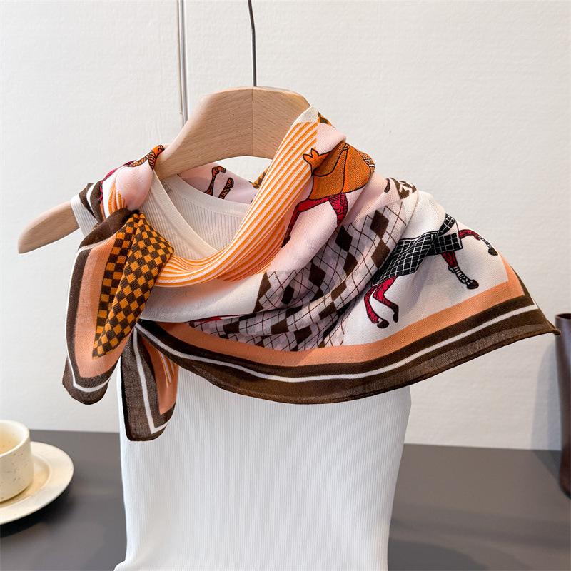 Kariertes Pferd Fischgrätenmuster Baumwolle und Leinen Kleiner quadratischer Schal Seidenschal Imitat Samt Kopftuch Schal Sonnenschutzschal