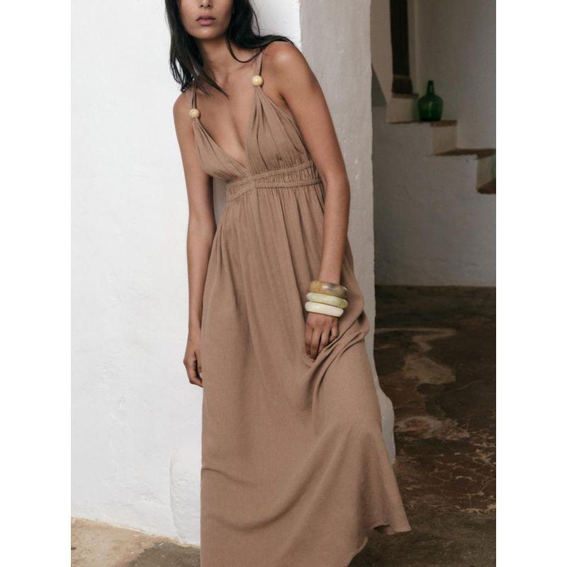 Za2024 Summer New Product Women's Clothes Waist Slim Looking Ball Decoration Sleeveless V Neck Length Dress 3495817 658