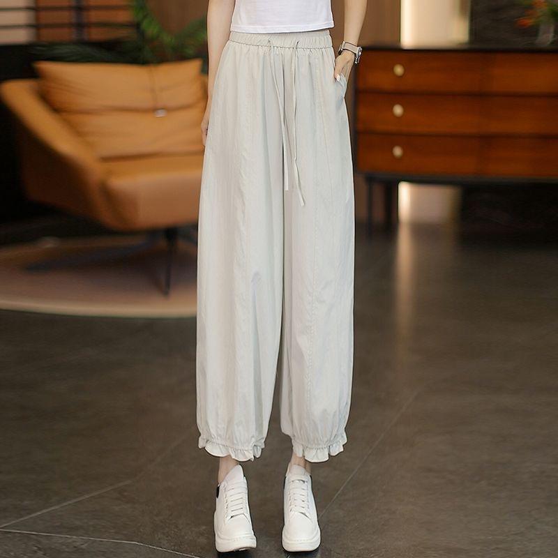 Women's High Waist Ruffle Hem Lantern Pants Summer Ultra Thin Breathable Drawstring Loose Cropped Bloomers Casual Trousers