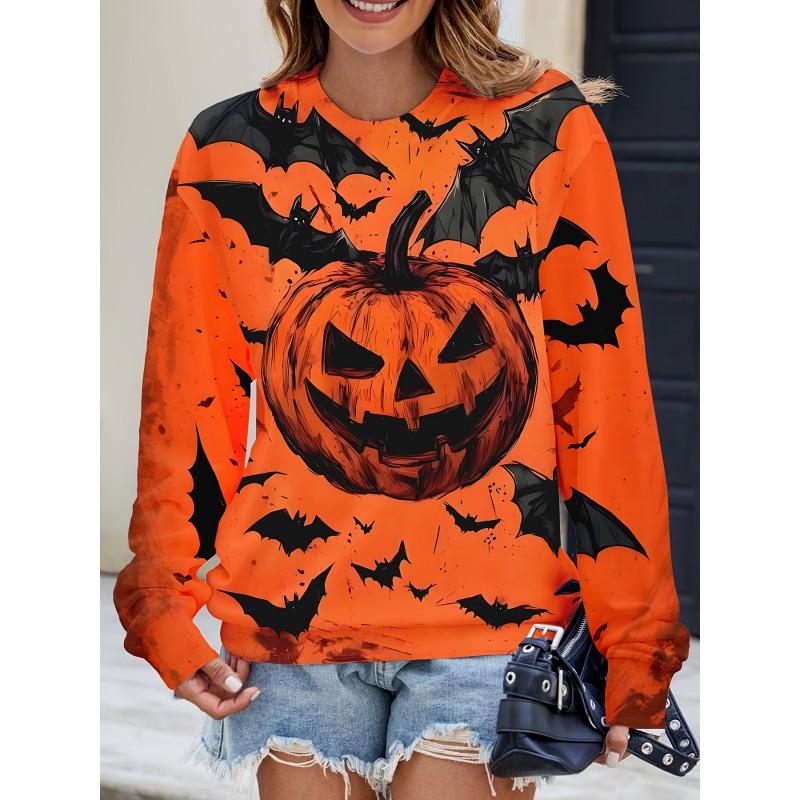 Womens Casual Hoodie With 3D Halloween Print Round Neck Lightweight Breathable Fabric