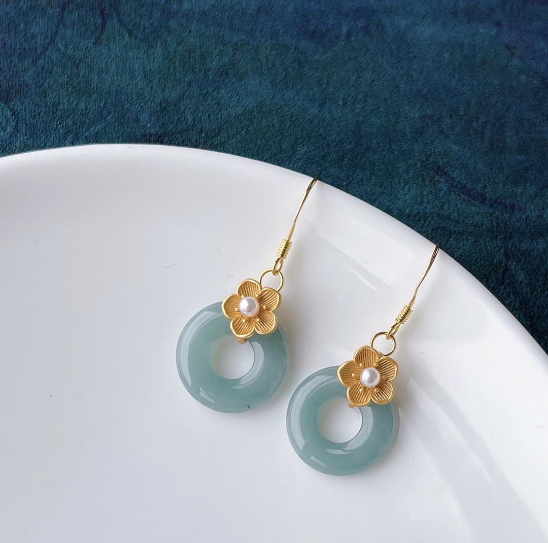 Fresh and Sweet A-Grade Blue Jade Ping an Kou Earrings with Gold-Plated Settings