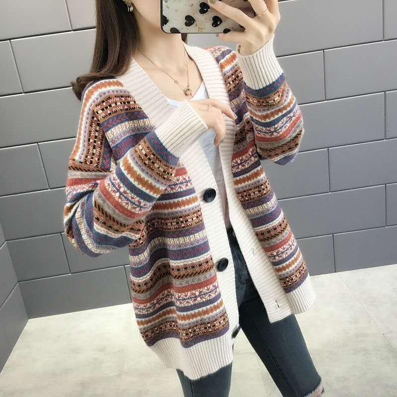 Plus-size Jacket Female Spring and Fall Striped Versatile Casual Knitted Cardigan Comfortable Elastic Loose Jacket