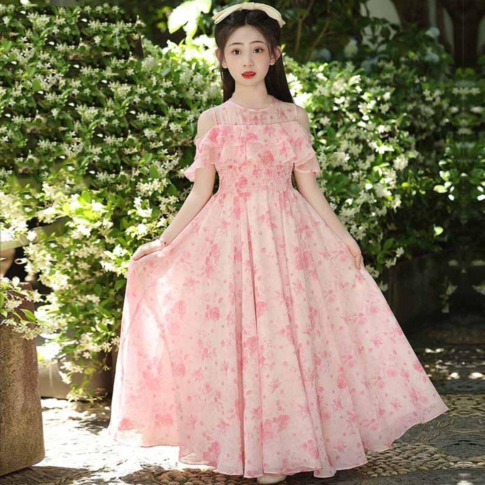 Pleated Girls Chiffon Floral Dress Loose Children Princess Dress Summer Kids Dresses  Holiday