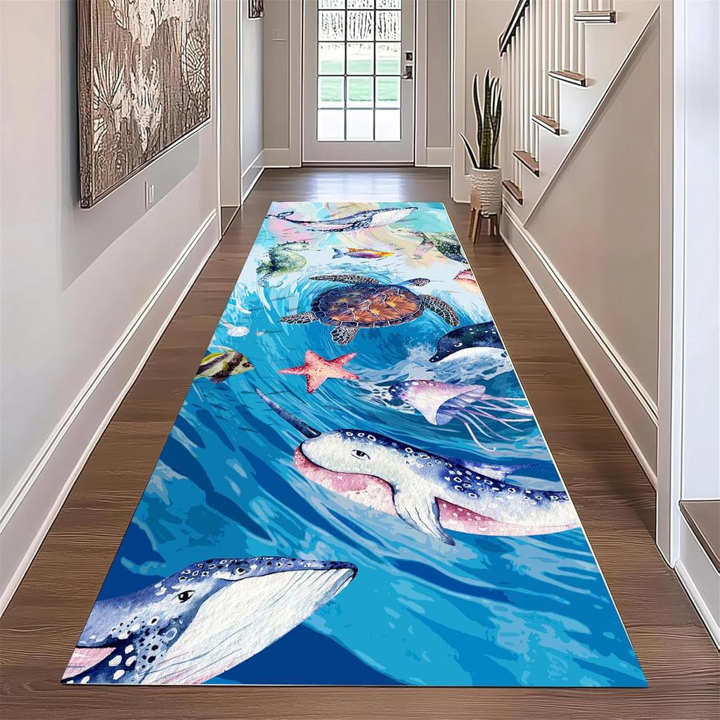 Ocean Theme Runner Rug Whale Shark Turtle Seahorse Jellyfish Print Carpet Colorful Cartoon Illustration Non-Slip Hallway Mat
