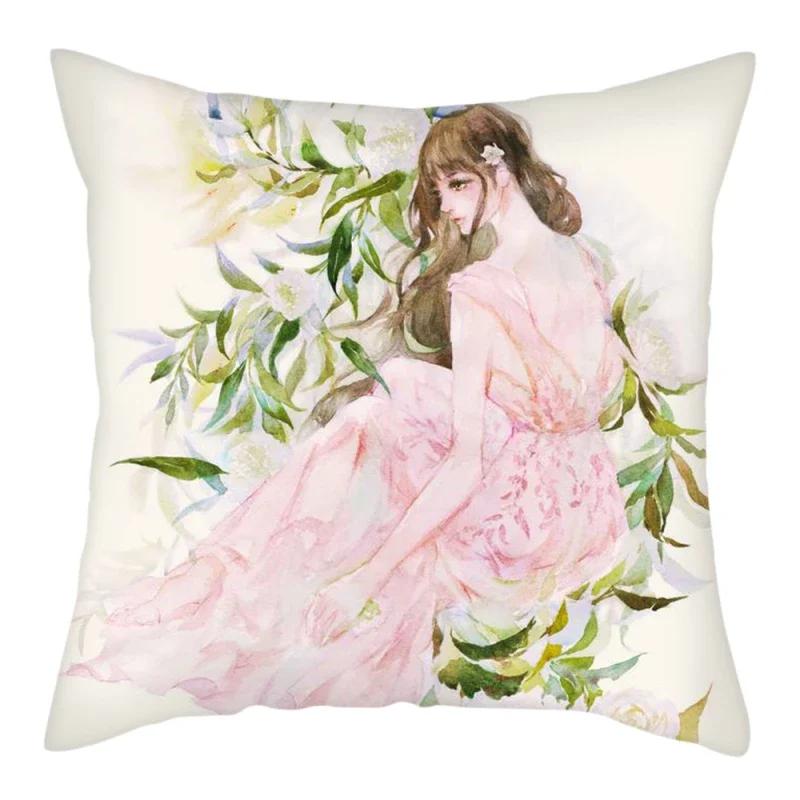 Abstract Flower Girl Painting Picture Cushion Cover Polyester Pillows Cover For Home Sofa Decorative Throw Pillowcase 45X45Cm
