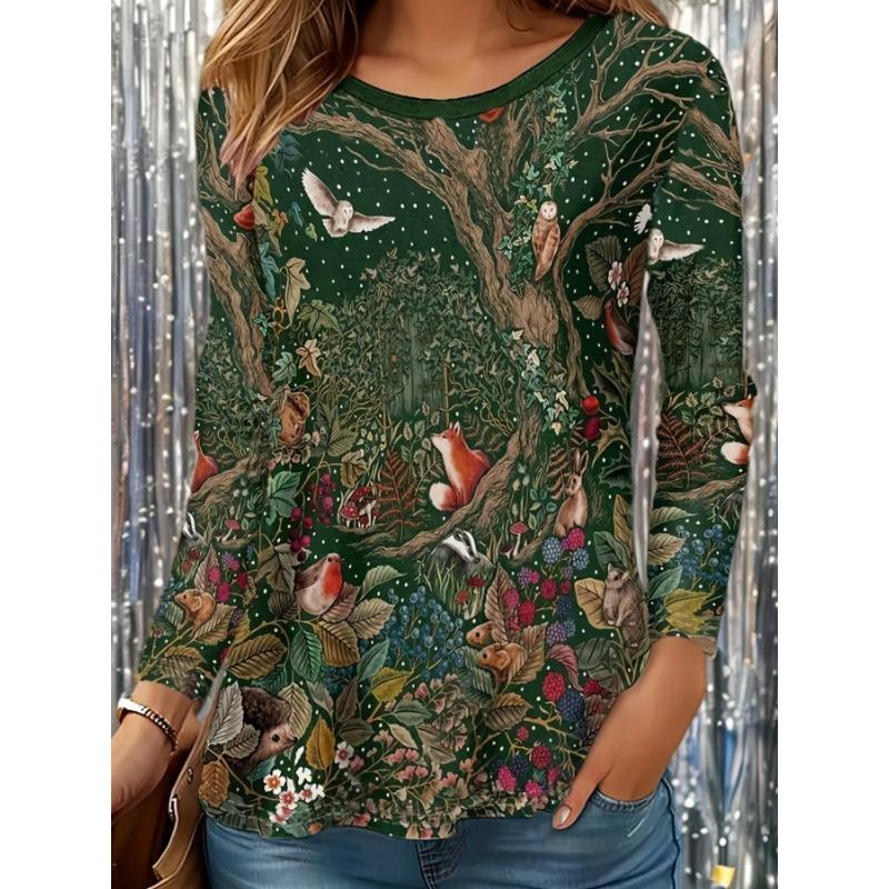 Plus Size - Plus Size - Plus Size Long-Sleeve Round Neck T-Shirt with Animal Forest Print S