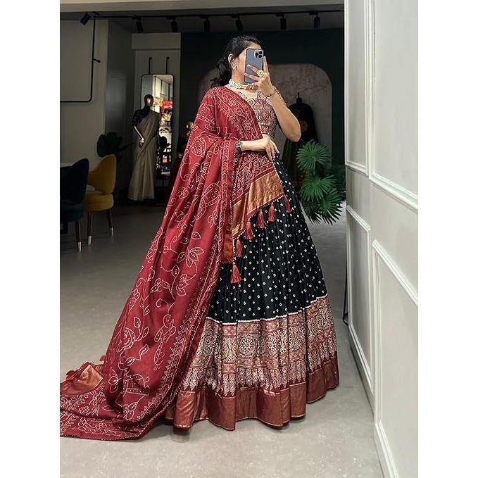 Dámská dokonale Kolekce Tussarové hedvábí Lehenga Choli Patola potisk s fóliovou prací, Nesešitá halenka,