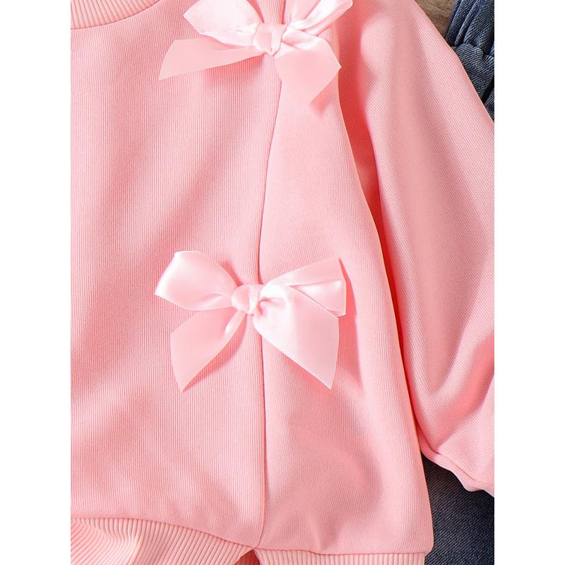 Autumn New Casual Children's Clothing Pink Bow Long Sleeve Sweatshirt Jeans Cute Fashion Girls