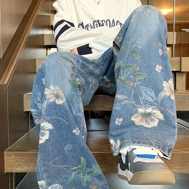 Autumn Floral Printed Jeans for Men Y2K Vintage Denim Pants Hip Hop Fashion Wide-leg Baggy Jean Streetwear Trousers