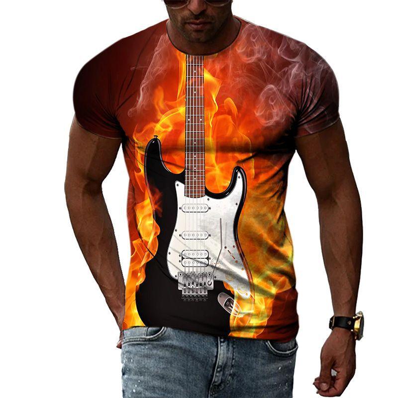 Personalized Guitar Pattern 3D Digital Print Men's Street Round Neck Short Sleeved T-shirt