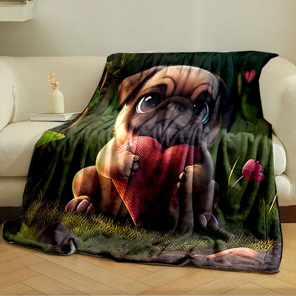 Cute Pug Holding Heart Blanket for All Seasons Blanket Lunch Break Throw Gift