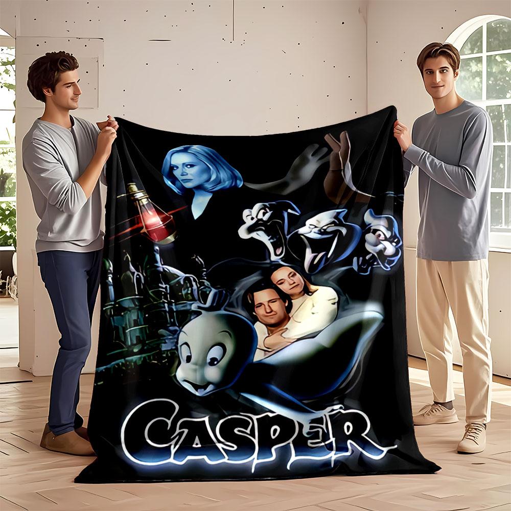 Cartoon ghost, haunted mansion, characters, and glowing title "Casper". for all seasons blanket lunch break throw gift