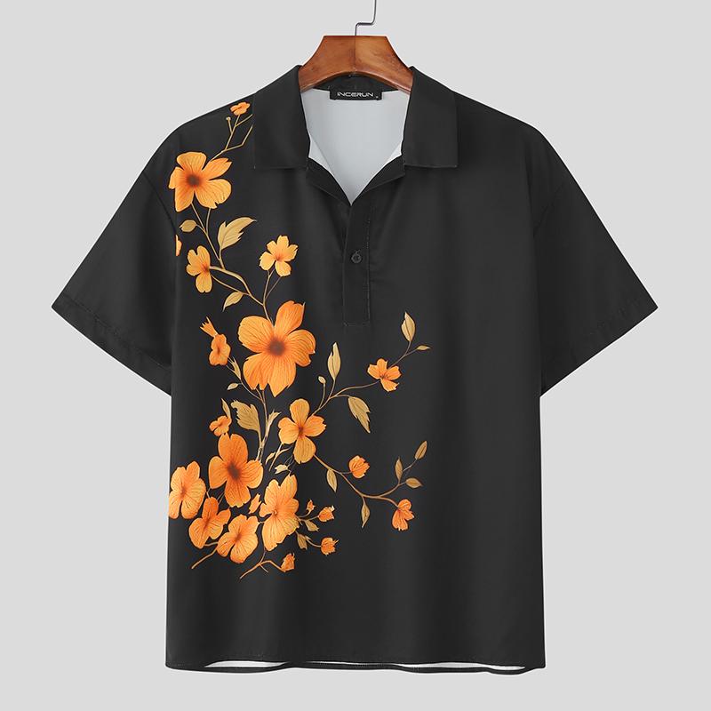 

INCERUN S-XXXXXL Men Lapel Neck Short Sleeve Floral Printing Casual Shirts S чёрный