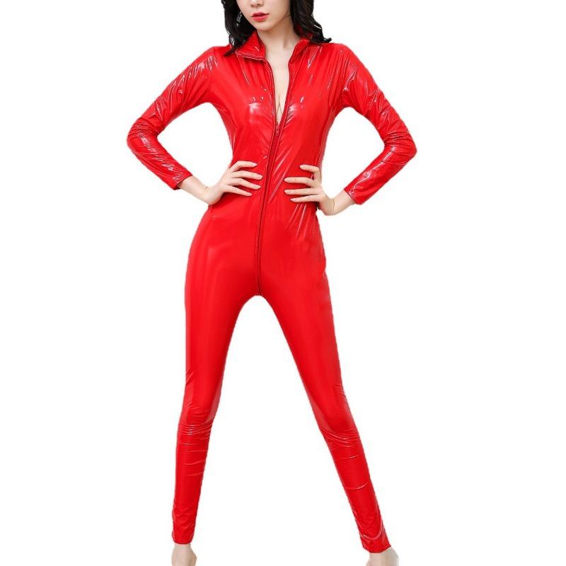 Sexunterwäsche Glänzendes Lackleder Einteilige Uniform Folio Doppelreißverschluss Enges Spiel Nachtclub Performance Anzug