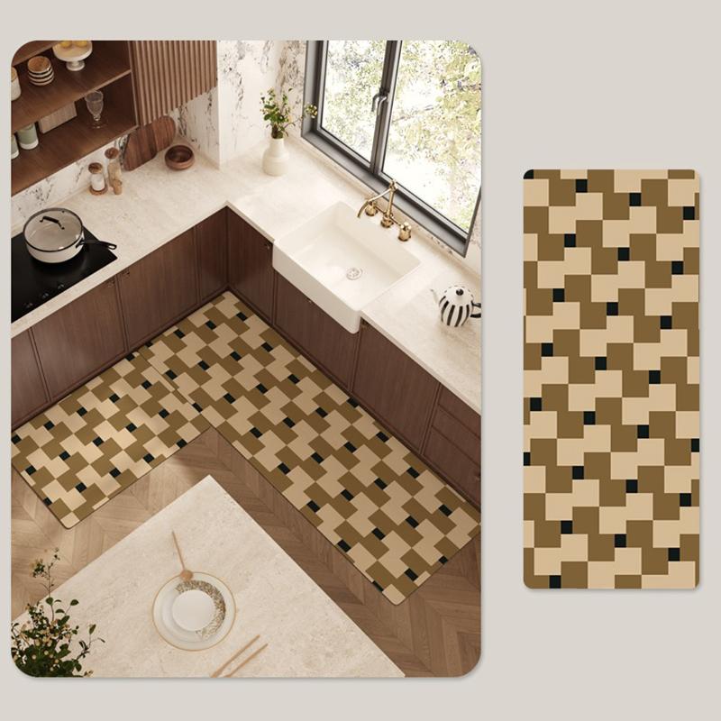 Kitchen Floor Mat Non-slip Waterproof Oil-proof Carpet PVC Leather Lattice Geometric Pattern Rug Long Ruler Home Decoration Mats