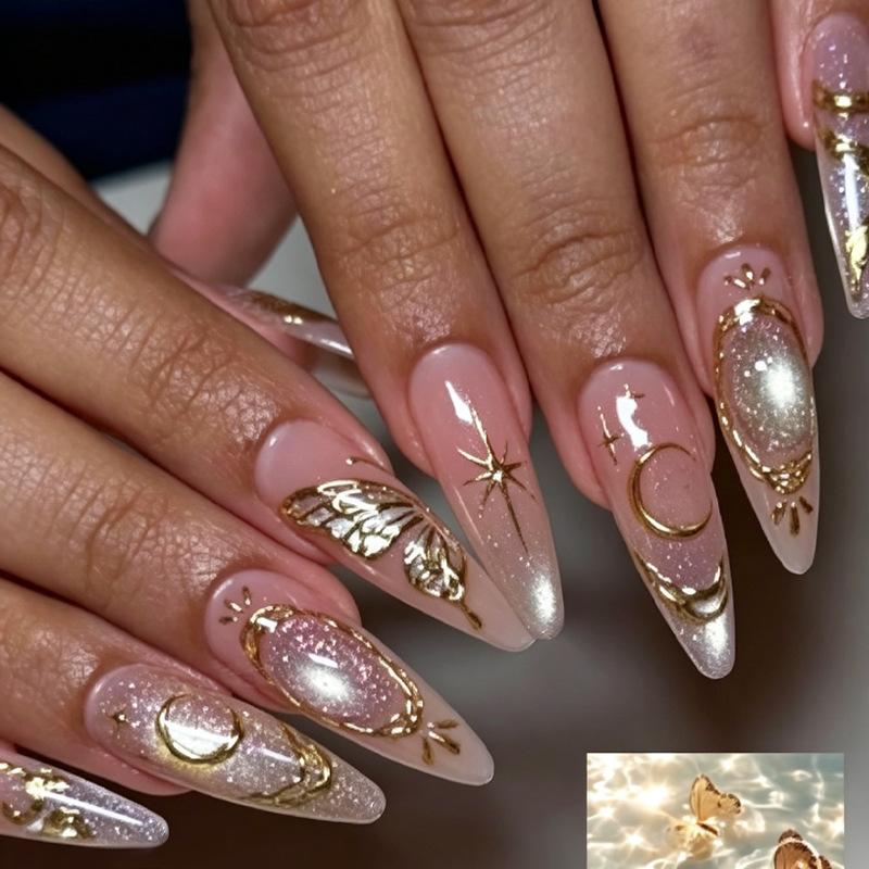 30 cross-border 3d three-dimensional relief gilt lines pearl cat eye gradual change butterfly wings manicure nail piece prefabricated nail