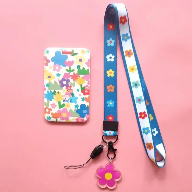 Fashion Flower Women Card Protector Cover Case Card Holder Neck Strap with Lanyard Badge Holder Work ID Card Bus ID Card Holder