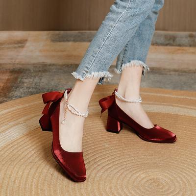 Chaussures Mary Jane à talon épais et bout carré rouge chaussures de mariage haute perception perle talon moyen chaussures simples