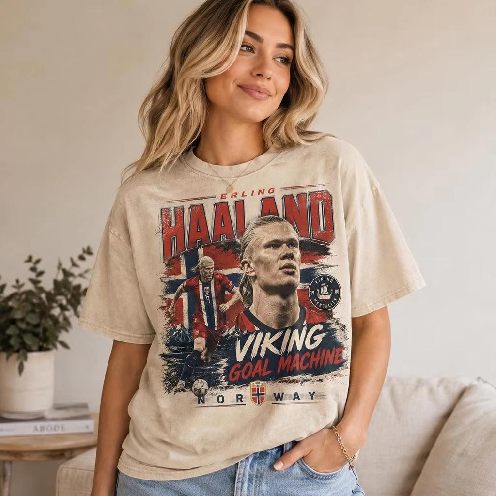 Unisex Cotton Football Streetwear T-Shirt, Garment Washed Vintage Erling Haaland Viking Goal Machine Portrait Graphic T-Shirt