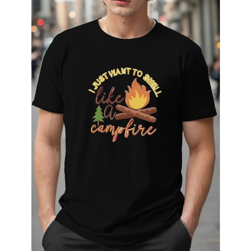 

European Size Plus Size Men s Round Neck T-shirt, Camp Fire Print Short Sleeve Sports Tee Tops, Men s Summer Clothing 4XL чорний