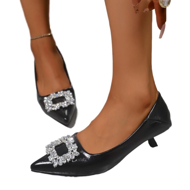

Fashion 2025 Fashion Women s High Heels Crystal Square Button Shallow Thin Heels Slip on Pumps for Classics Office & Dress Ladies Shoes 35 чёрный