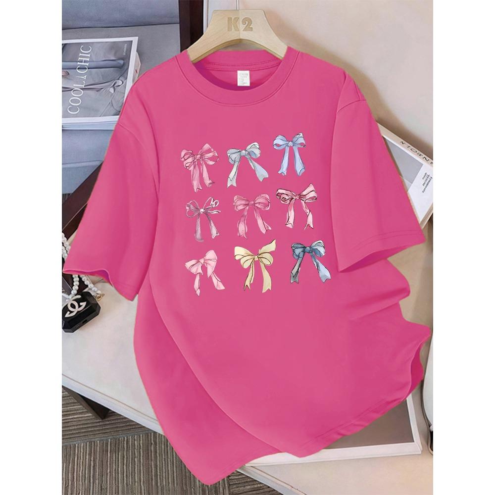 Summer T-shirt Women's Colorful Bow Printed Short Sleeve Comfortable Soft Round Neck Top Holiday Casual Women's Clothing