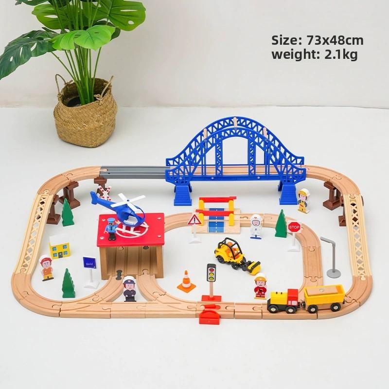 Assembled Wooden Train Track Set City Blue Bridge Scene Tracks Compatible with Brand Wooden Tracks Railway Toys for Kids Gift
