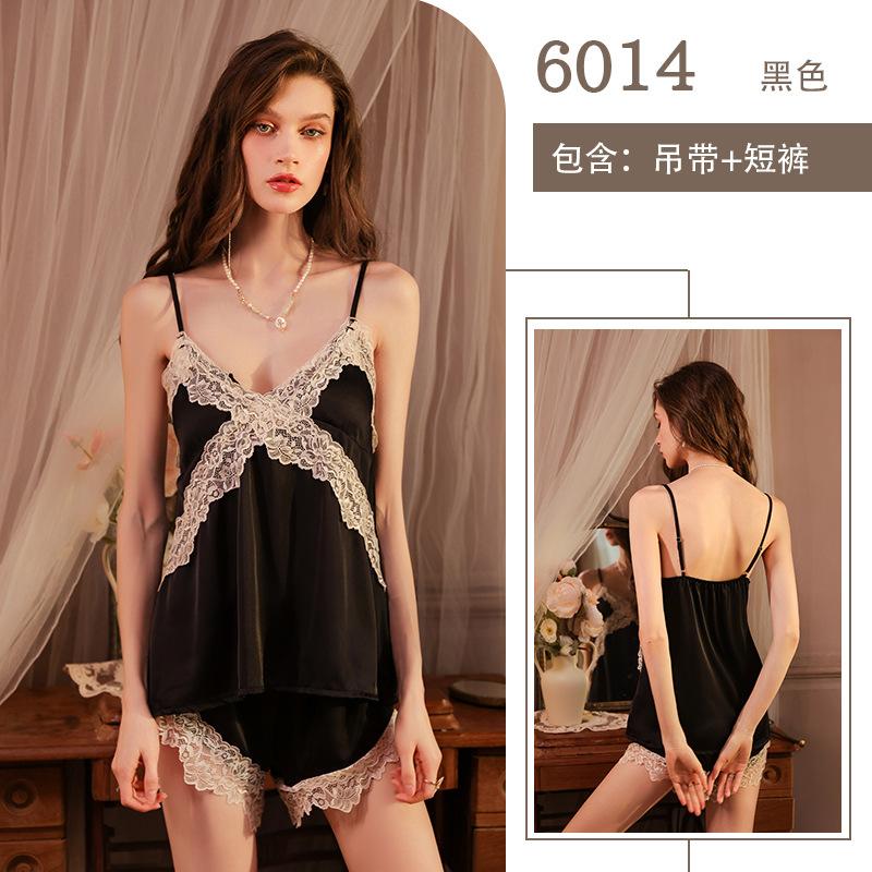 Sexy women's summer light luxury ice silk clothes with chest pads, pure desire suspender set