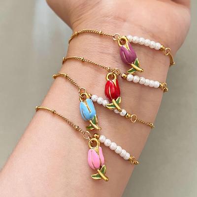 Rose Edelstahl Perlenkette mit floralem Tulpenanhänger für Damen